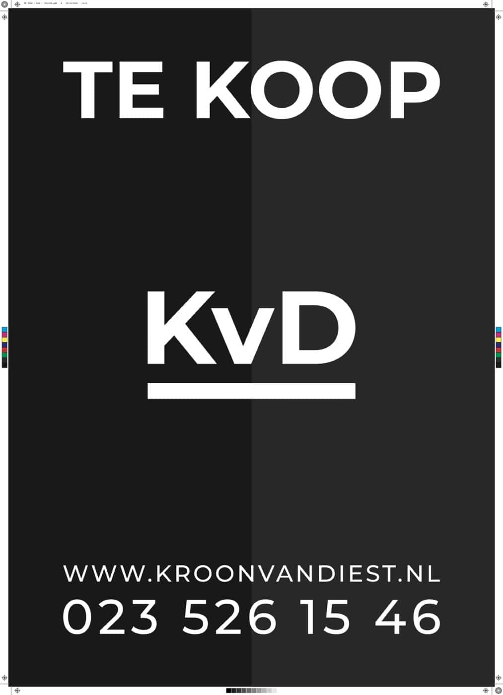 Te-koop bord van Kroon van Diest in zwart met het KvD-monogram