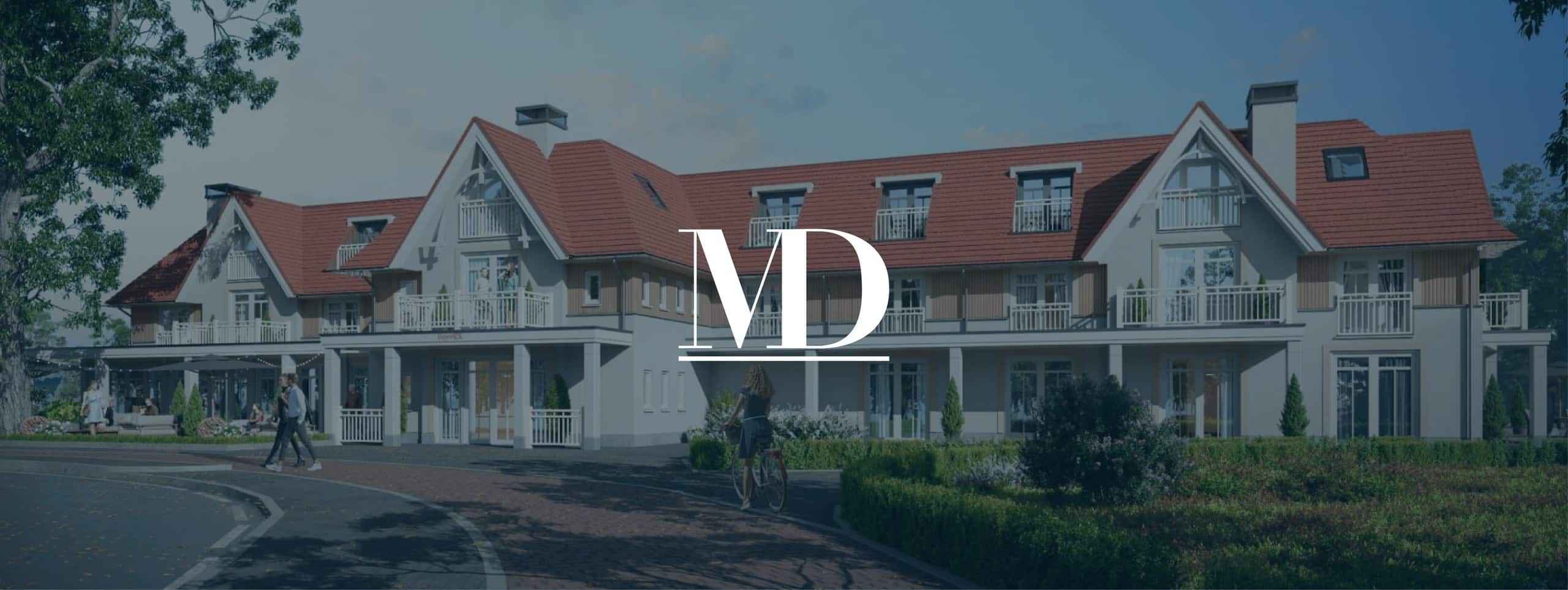 Het MD-monogram van Maas Developments over een hotelontwerp