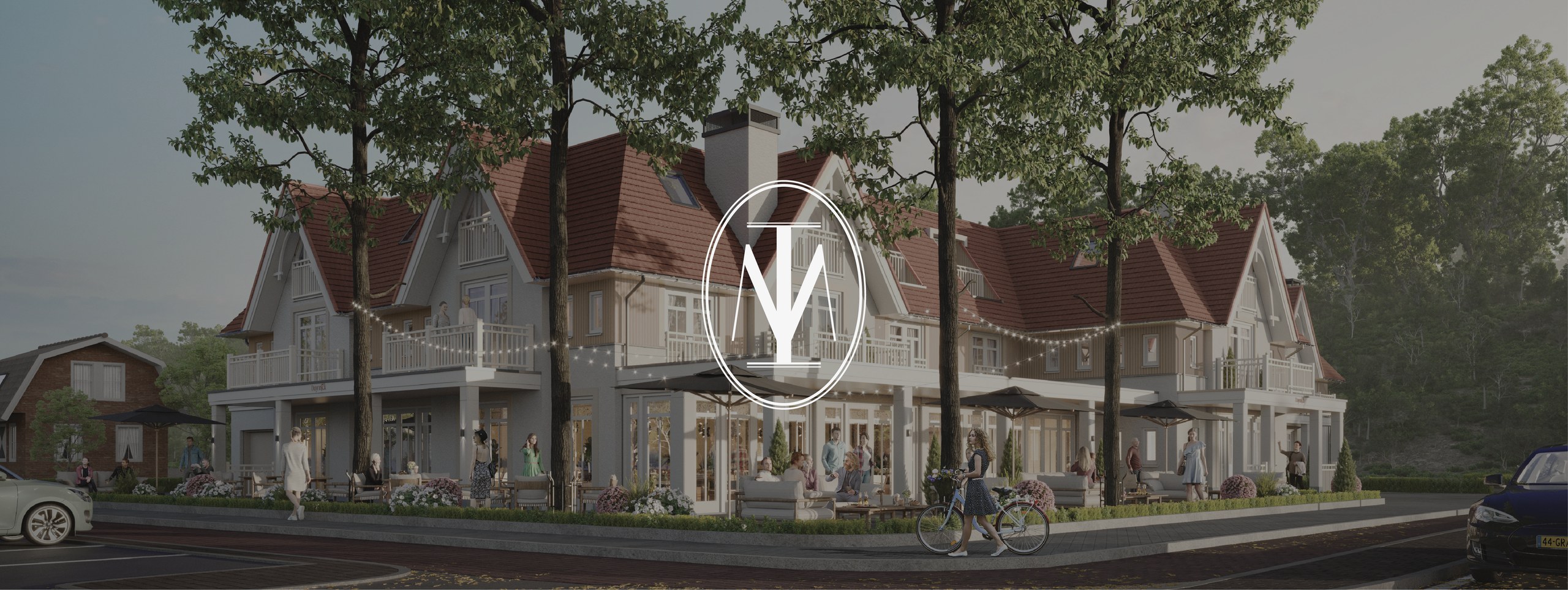 Het ovale monogram van Meerduyn over het ontwerp van het hotel