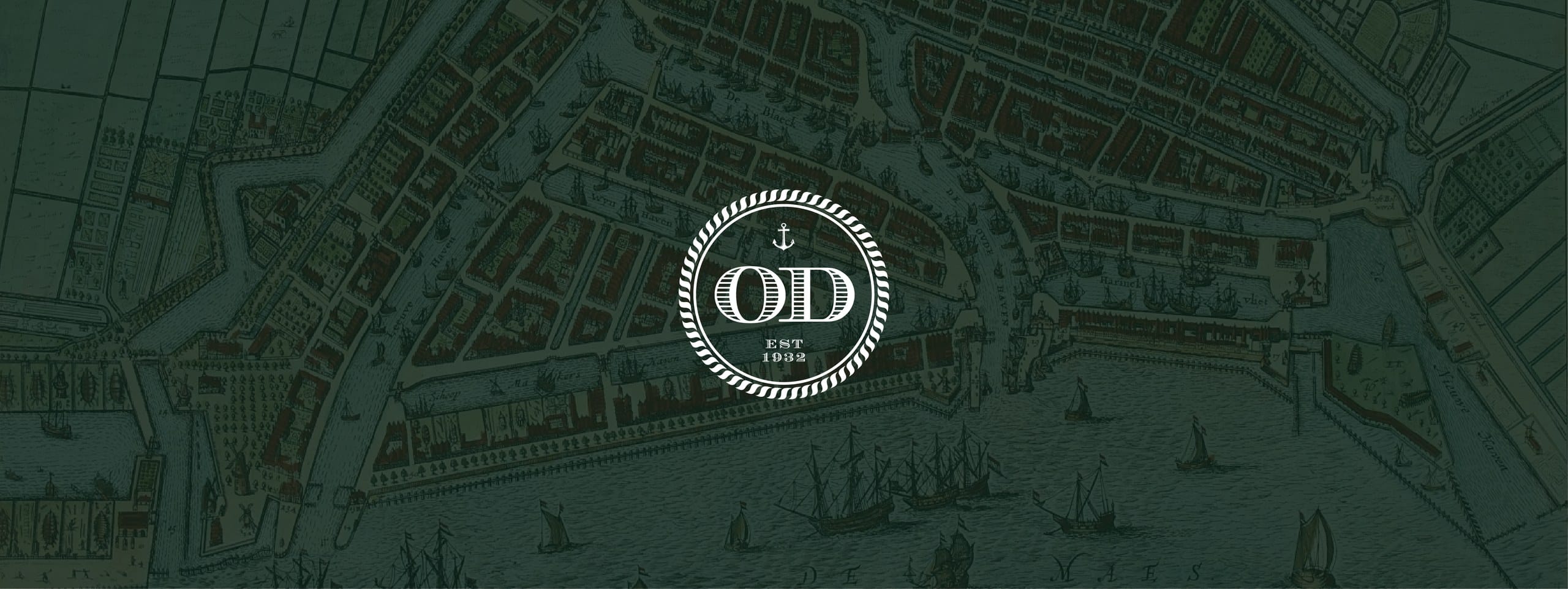 Het OD-zegel van Old Dutch, est 1932, over een oude kaart van Rotterdam